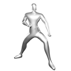 3D Render Silver Stickman Karate Pose in Stance with Arms Straight Close to Knees - Perfect Visual for Martial Arts Enthusiasts