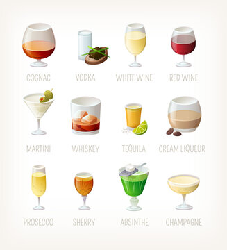 Collection of various alcohol drinks cocktails and shots in different glasses. Isolated vector images. Most famous beverages you find in bars restaurants and cafe.