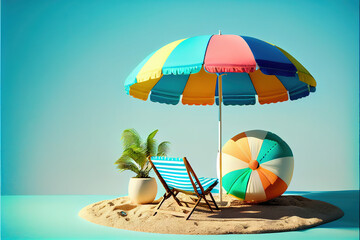 Beach umbrella with chairs beach sand summer vacation. Generative AI