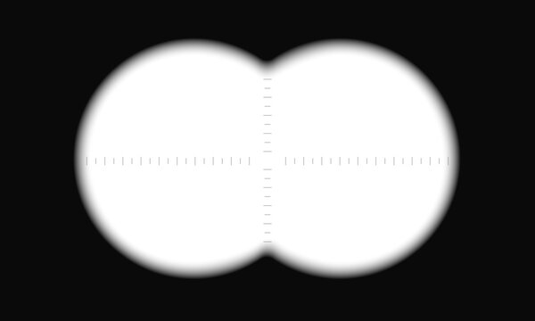 Binocular view with graphic scale and empty viewfinder field. Military, spy, hunting or tourist optical tool for following, magnifying, exploration, searching, investigation. Vector illustration