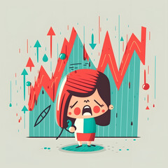 Funny frightened business woman at stock market difficulty trading arrows point down statistics crisis inflation