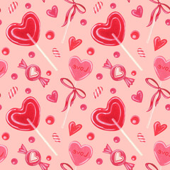 Seamless pattern with sweets. Lollipops in the form of a heart on a stick. Symbols of Valentine's day. Color illustration. Watercolor and gouache illustration. The print is used for packaging.