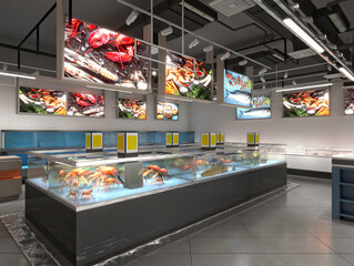 3d render food shop, grocery and fish store