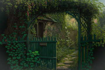 Fototapeta na wymiar old door in the garden,wall with ivy