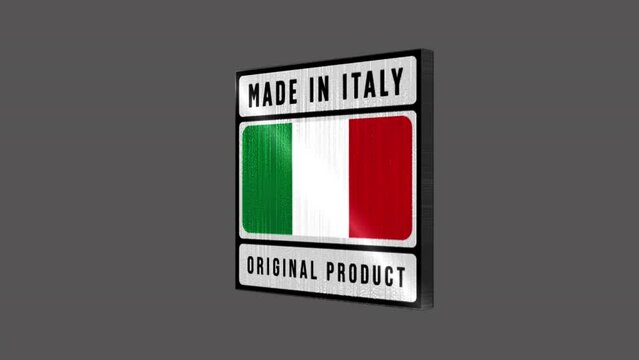 Rotating made in italy logo isolated from alpha channel.3d.Made in Italy is a merchandise mark indicating that a product is all planned, manufactured and packed in Italy.Highly detailed metal texture.
