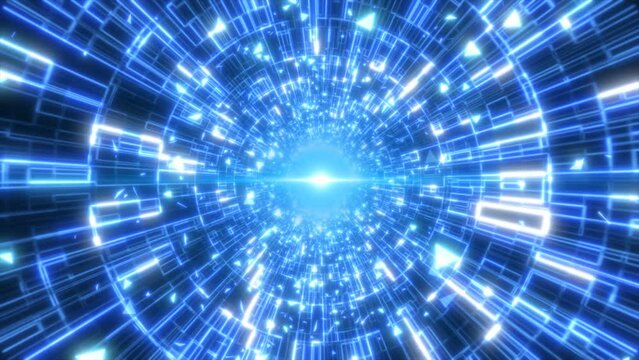 Abstract blue glowing neon laser tunnel futuristic hi-tech with energy lines and flying shards of particles, abstract background. Video 4k, motion design