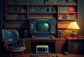 Fototapeta premium illustration, vintage retro room for entertainment, retro game concept, AI generative.