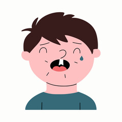 Portrait of a little boy with a cracked baby tooth. Toothache concept. Vector hand drawn illustration