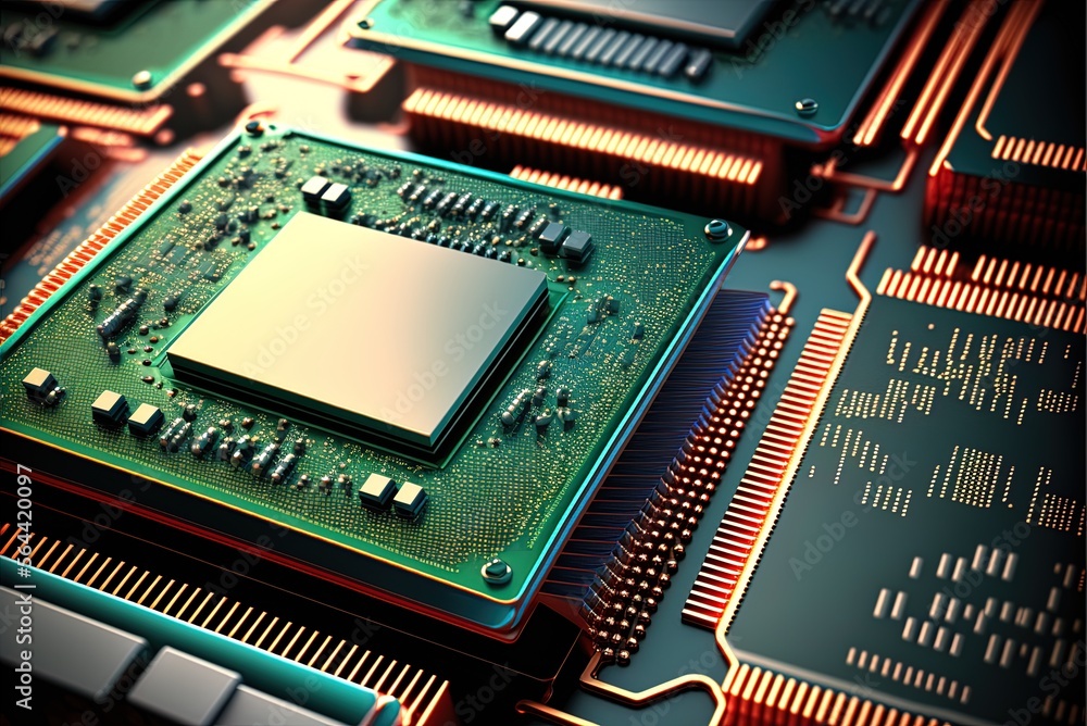 Poster computer, or personal computer, with central processing unit (cpu) chip, electronics industry idea, 
