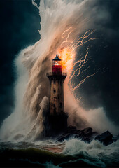 Explosion of water behind a weathered Lighthouse illustration, AI Generative 