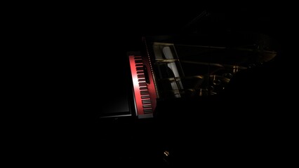 Black-red Grand Piano under spot lighting background on black surface. 3D illustration. 3D CG. 3D high quality rendering.  