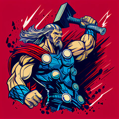 Thor with hammer, god of thunder, hero of mythology, cartoon