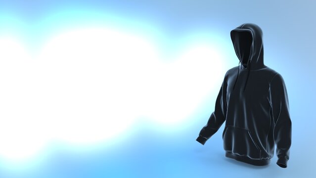 Anonymous hacker with black color hoodie in shadow under blue-white background. Dangerous criminal concept image. 3D CG. 3D illustration. 3D high quality rendering.