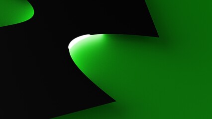Black-green futuristic wallpaper. Abstract minimal neon background with glowing wavy line. Dark wall illuminated with led lamps. 3D illustration. 3D CG.