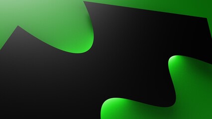 Black-green futuristic wallpaper. Abstract minimal neon background with glowing wavy line. Dark wall illuminated with led lamps. 3D illustration. 3D CG.