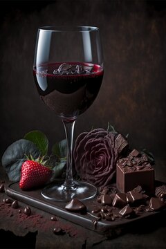 illustration of a glass of wine and chocolates, on Valentine's Day, image generated by AI