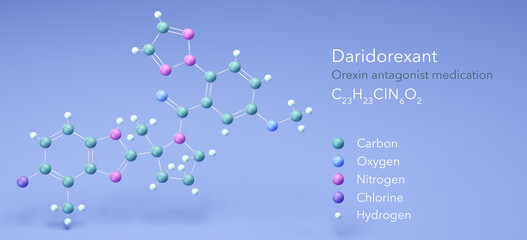 daridorexant molecule, molecular structures, c23h23cln6o2 Orexin antagonist, 3d model, Structural Chemical Formula and Atoms with Color Coding