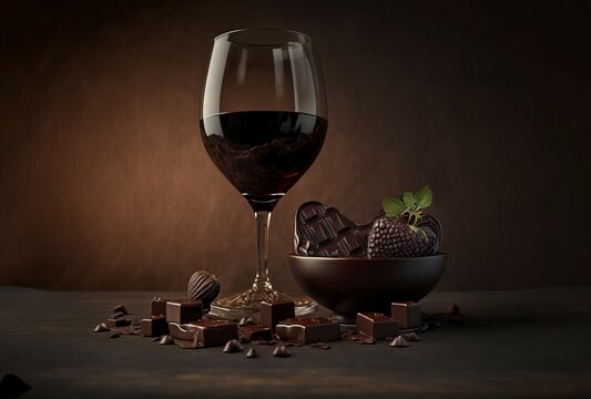 illustration of a glass of wine and chocolates, on Valentine's Day, image generated by AI