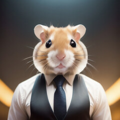 A hamster in a white shirt, vest and tie. Cool hamster businessman.