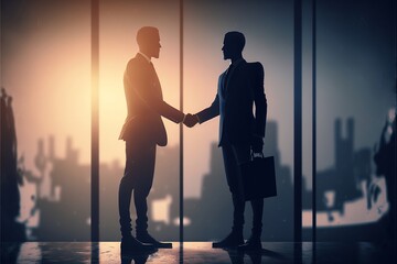 Business success at sunset: Two businessmen shaking hands in a commercial skyscraper