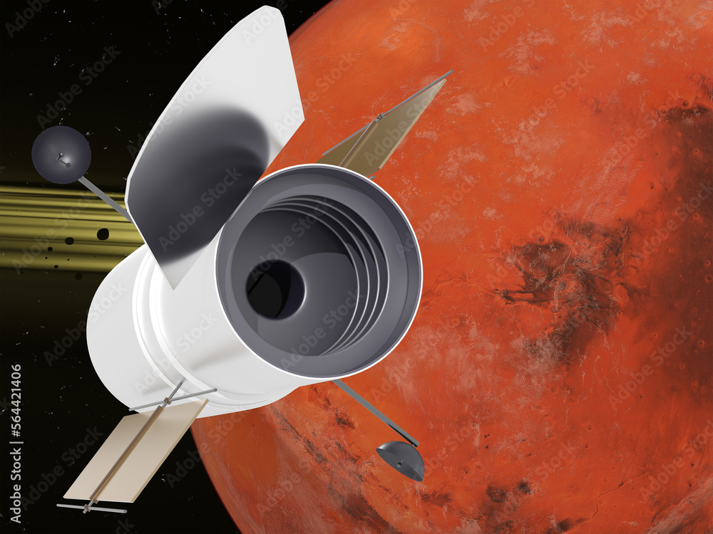 Wall mural space telescope hubble near the mars planet of solar system in outer space. 3d rendered illustration