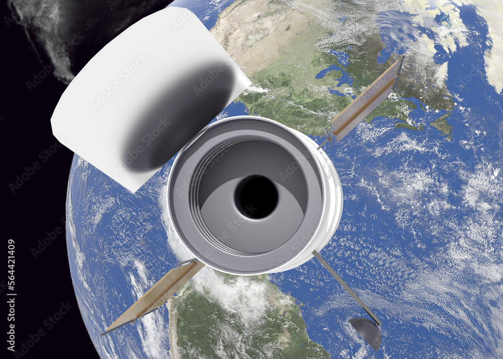 Wall mural space telescope hubble near the earth planet of solar system in outer space. 3d rendered illustratio