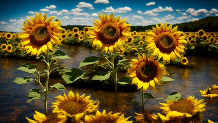 Obraz premium Sunflowers on the banks of a river, with Generative AI