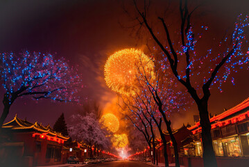 chinese new year,tree in the night,fireworks in the city