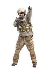American soldier in military equipment with a rifle attacks on a white background, a commando with...