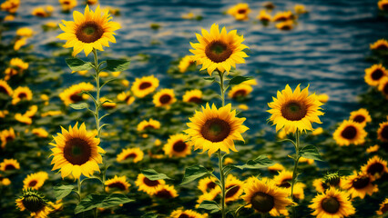 Sunflowers on the banks of a river, with Generative AI