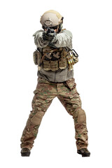 soldier in military equipment with a gun on a white background, a commando in uniform with a gun to aim and attack