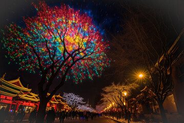 chinese new year,tree in the night,fireworks in the city