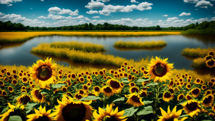 Obraz premium Sunflowers on the banks of a river, with Generative AI