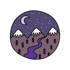 mountain outdoor doodle sticker, vector color line illustration
