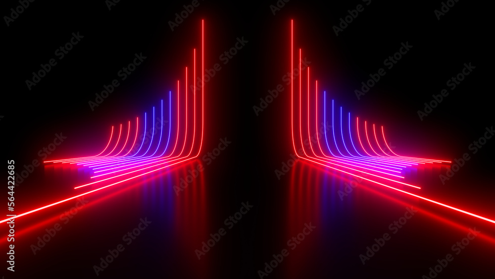 Poster sci fy neon glowing wave lines in a dark hall. reflections on the floor. empty background in the cen