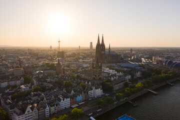 Fototapeta na wymiar View of Cologne, the Rhine river and Cathedral by sunset