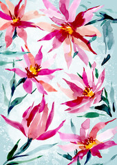 Elegant spring print with pink flowers for fabric, textiles, packaging, factory. Abstract watercolor background, texture for design