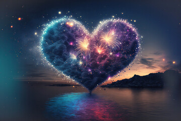 heart shaped fireworks,fireworks over the river,fireworks over the sea