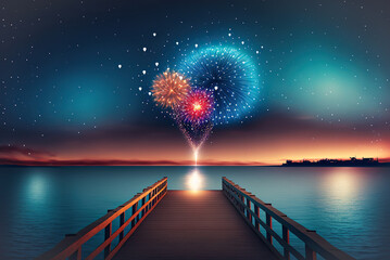 heart shaped fireworks,fireworks over the river,fireworks over the sea