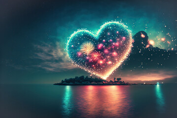 heart shaped fireworks,fireworks over the river,fireworks over the sea