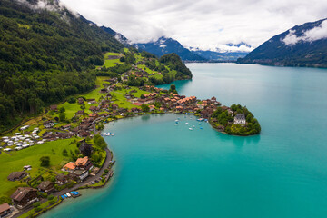 Aerial view of Iseltwald village on Brienzer see lake