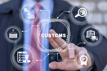 Fototapeta na wymiar Businessman using virtual touchscreen presses the abbreviation: CUSTOMS. Concept of customs. Customs declaration clearance. Customs registration. Cargo delivery, import and export.