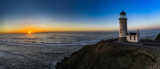 A panoramic View of sunset at Cape Desappointment lighthouse on the south Washington state coast at...