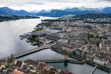 Aerial View of the city of Lucerne with the lake and mountains in the background from above