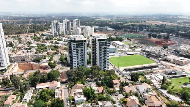 Aerial footage of residential towers in the city of Ramat Hasharon, Israel