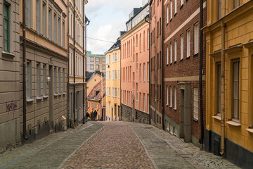 Historic street in the hipster trendy area Slussen, Stockholm, Sweden