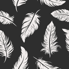Vector Seamless Pattern with Different White Fluffy Feather Silhouettes on Black Background. Design Template of Flamingo, Angel, Bird Feathers for Wall Paper, Textile. Lightness, Freedom Concept