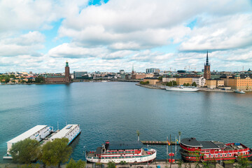 Naklejka premium View of Stockholm from Skinnarviksberget in summer with the town hall and Rydarholmen