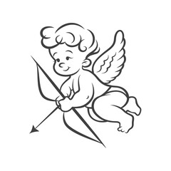 Fototapeta premium Flying Vector Cupid Boy Holding Bow, Aiming, Shooting Arrow, Hand Drawn with Outline in Retro, Vintage Comic Style. God of Love, Amor, Eros or Mythological Character with Wings