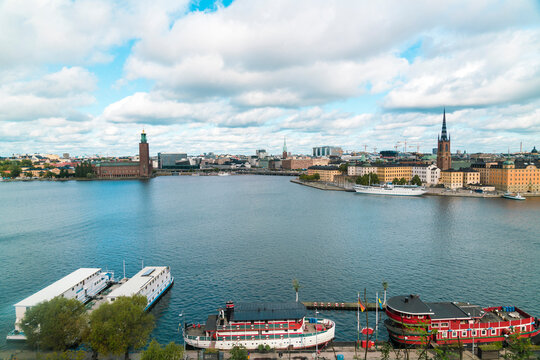 View of Stockholm from  Skinnarviksberget in summer with the town hall and Rydarholmen